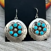 Dangle Concho cluster earrings sterling silver turquoise Kenny Lonjose signed 2