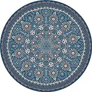 Round Rug, Large Area Rugs Living Room Soft Short Pile Carpets for Dining Sitting Sofa Coffee Table Rugs, Retro Blue Pattern,Ø 200 cm
