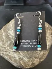 Navajo Sterling Silver Blue Turquoise Black Onyx Bead Dangle Earrings 18645
