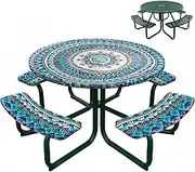 Round Outdoor Picnic Tablecloth with 4 Bench Cover Set Mandala Round Tablecloth with Umbrella Hole Outdoor Furniture Covers with Elastic Fits to 42"-50" Patio Tables