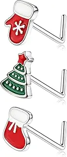 [BodyBonita] 3pcs 20G Nose Studs 316 Stainless Steel Christmas Nose Rings Studs L-Shaped Nose Piercings Bone Nose Stud CZ Nostril Daith Tragus Piercing Jewelry for Women Men