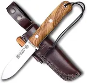 Joker CO113-P Sports Hiking Knife Trampero, Olive Wood Handle, Leather Sheath with Fire Starter, 10 cm Blade Sandvik Steel 14c28n, Tool for Fishing, Hiking, Camping and Hiking