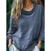 Women's Shirt Blouse Cotton Linen Shirts Solid Color Basic Casual Long Sleeve Crew Neck Cowl Neck Regular Tops Daily Black Pink Blue Light Grey Rose Pink Summe