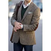 Men's Tweed Herringbone Blazer Jacket Vintage Plus Size Regular Tailored Fit Single Breasted Two-buttons Green khaki