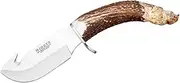 Skinning Knife Joker Jabato CT28, Hand Carved, Deer Horn Handle, 11 cm Blade, Brown Leather Sheath, Tool for Fishing, Hiking, Camping and Hiking