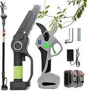 Cordless Pole Chainsaw with 2 Batteries, Pole Saw and Pruning Shears Combo Kit, Tree Trimmer Limb Branch Cutter Pruner, Branch Cutter Kit for Courtyard, Household, Orchard
