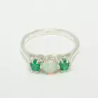 10k White Gold Natural Opal Emerald Womens Trilogy Ring - Sizes 4 to 12