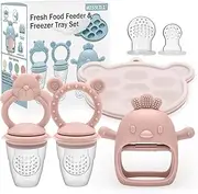 MISSLILI 4Pcs Baby Silicone Fruit Food Feeder Pacifier & Breastmilk Popsicle Freezer Molds, Chick Teether Toy & Baby Food Storage Containers Frozen Ice Tray for Baby Feeding Teething Safely, BPA Free