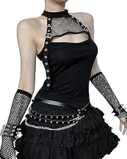 [XKBHYD] Ladies Gothic Crop Tops Mesh Hollow Grunge Punk Tank Tops Womens Emo Alt Harajuku Shirt with Outer Sleeve
