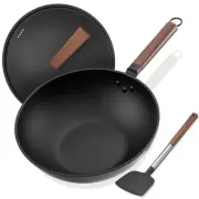 Carbon Steel Wok, 13-Inch, Pre-Seasoned, Non-Stick, with Lid and Spatula, Fla...