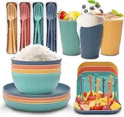48 Pieces Wheat Straw Dinnerware Set Unbreakable Plastic Plate and Bowl Dishes for Kids Travel Picnic Camping Dishes Colorful Dinner Plates Dishwasher Microwave Safe Reusable Lightweight Tableware