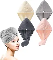 Lumimi Microfiber Hair Towel Wrap 4 Pack - Gym & Shower & Travel Quick Dry Turban, Secure Button Closure for Active Women, Anti-Slip Design for Thick/Curly Hair, Compact 25x65cm (4-Piece Set)