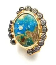 Sterling Silver Gold Wash Turquoise & Zircon Artisan Crafted Ring Size 7.75