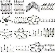 [Generic] 85Pcs Body Jewelry Piercing Lot Stainl Steel E Horseshoe Lip Tongue Eyebrow Tragus Body Piercing Navel Belly Ring Barbells Silver