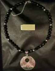 KATE LANDRY Vtg Necklace Onyx Beads with Sterling Silver Hammered Disk & Accents