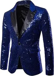 [SWJGLITTR] Men's Sequins Suit Jacket One Button Party Dinner Blazer Coats Shiny Sequin Tuxedo Sport Coat, Blue, Large