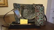 PATRICIA NASH TURQUOISE TOOLED LEATHER TOTE With Matching Clutch Wallet + Mirror