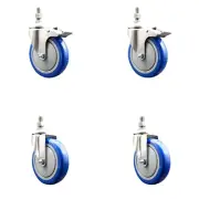 5 Inch 316SS Blue Polyurethane 3/8 Inch Threaded Stem Caster Set 2 Lock Brake