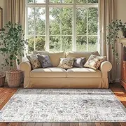 JINCHAN Rug 122x183CM Vintage Rug Indoor Washable Rug Gray Retro Accent Rug Distressed Carpet Grey Multi Floral Print Country Boho Rug Non Slip Kitchen Bedroom Living Room Dining Room Office