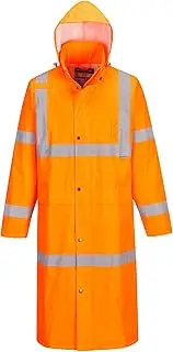 [Portwest] H445 Men's Waterproof Hi Vis Raincoat - Reflective Lightweight Long Rain Jacket with Hood Safety Workwear ANSI Class 3 Orange, X-Large
