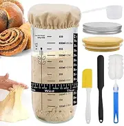 Sourdough Starter Set, Sourdough Starter Jar Set with Aluminium Cap, Rubber Band, Thermometer Paper, Silicone Spatula, Fabric Hat, Label for Baking Sourdough Bread