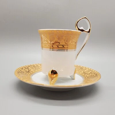 Vintage GNA Fine Porcelain Footed Demitasse Cup and Saucer White/Gold Scroll