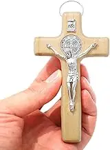 KOMI St Benedict Crucifix 4.2" Small Wood Wall Cross Christian Catholic Decor Wall Hanging Cross Religious Faith Gifts