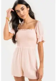 NWT Francesca’s Collection Blush Peach Puff Sleeve Romper Shorts Medium