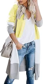 [Misassy] Womens Open Front Long Sweater Cardigans Boho Long Sleeve Color Block Knit Lightweight Kimono Duster Coats - Yellow - Large