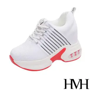 【HMH】時尚立體飛織撞色線條氣墊厚底內增高休閒鞋(白)