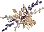 Blue Crystal Gold Headpiece for Women Wedding Bridal Boho Jewelry Side Headband for Her Prom or Dancing Ball Hair Piece with Leaf (Golden Blue, One size)