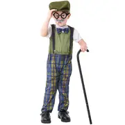 Kids Grandpa 100 Days Of School Old Man Costume Fancy Dress Jumpsuit Hat Glasses Set Cosplay Outfits Gifts - 10-12Years