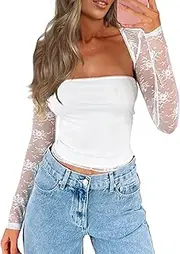 CSDAJIO Women's Going Out Tops Lace Long Sleeve Square Neck Crop Top Shirt Strapless Tube Top and Bolero Set