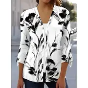 Women's Shirt Floral Butterfly Stylish Modern Casual 3/4 Length Sleeve Square Neck Regular Tops Daily Print Black White Pink Blue Light Blue Summer Spring