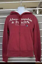 ABERCROMBIE &FITCH WOMEN’S SHERPA LINED ZIP EMBROIDERED LOGO RED HOODIE JACKET
