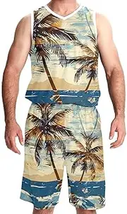 [KQNZT] Basketball Jersey with Shorts, Jerseys for Men, Hip hop Clothing for Party, Hawaiian Island Coconut Tree Sea