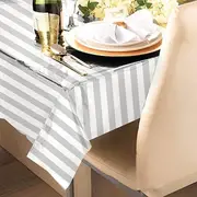 Metallic Plastic Rectangular Silver & White Stripe Table Cover