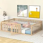 Queen Floor Bed with High Fence and Door, Wood Montessori Floor Bed with Rails, Cute Montessori Bed Queen Size, Natural