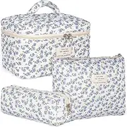 [POWZOO] Set of 3 Women's Cosmetic Bags, Toiletry Bag with Floral Pattern, Toiletry Bag, Make Up Bag, Portable Makeup Bag, Wash Bag, Large Women Girls for Everyday Use and Travel (002), Purple+White