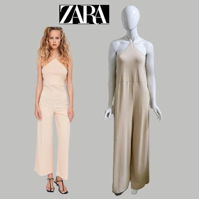 ZARA NEW SAND COLOUR Long Halterneck Ruffle Open Back Wide Leg Jumpsuit