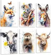 ZXHYWYM Baby Safari Animals Wall Art 6 Pieces Fox Koala Horse Cow Otter Highland Cattle Prints Cute Woodland Art Watercolor Nursery Canvas Wall Decor (D - Framed, (24"x36"x6))