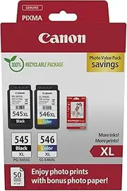 [Canon] Ink Cartridges & Paper Multipack - PG-545XL/CL-546XL Original Printer Cartridges Pack of 2 (1 x Black, 1 x Colour) & 4 x 6 Photo Paper (50 Sheets)