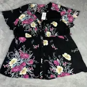 Torrid Top Womens 1X Babydoll Rayon Twill Button Front Black Pink Floral New $42