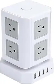 1.9m Tower Extension Cord, with 8 Outlets, 1 USB-C Port, 3 USB-A Ports, 2500w Extension Cord with Switch, Surge Protection for Home, Kitchen, Office, Pc/Mobile/Computer/Speaker,White