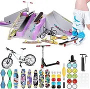 Syhood 73 Pcs Finger Skateboard Ramp Set, Skateboards Toys Set Includes Finger Skateboards Finger Bikes Swing Board Mini Scooters Finger Pants Shoes Matched Wheels and Tool Accessories for Party Gift