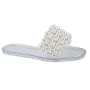 Women's Sparkle Pearl Flat Sandals Fashion Square Open Toe Jeweled Slides Slip O
