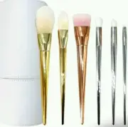 7Pc Rose Gold, Gold & Silver Colour Shiny Make up brushes in white cylinder case