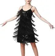 [Frediuo] Women Sequin Tassel Dress Flapper Dress for Club Samba Tango Cha Cha Performance, Black, M