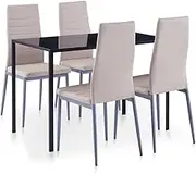 Modern 5-Piece Dining Set with Tempered Glass Table - Cappuccino Faux Leather Upholstered Chairs, Complete Seating Solution - Table 105x60x74 cm & Chairs 43x50x96 cm