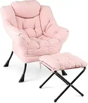 Giantex Lazy Chair with Folding Ottoman, Modern Sherpa Accent Chair w/Steel Frame, Armrests & Pocket, Upholstered Single Sofa Chair Set, Leisure Reading Lounge Chair for Living Room Bedroom (Pink)
